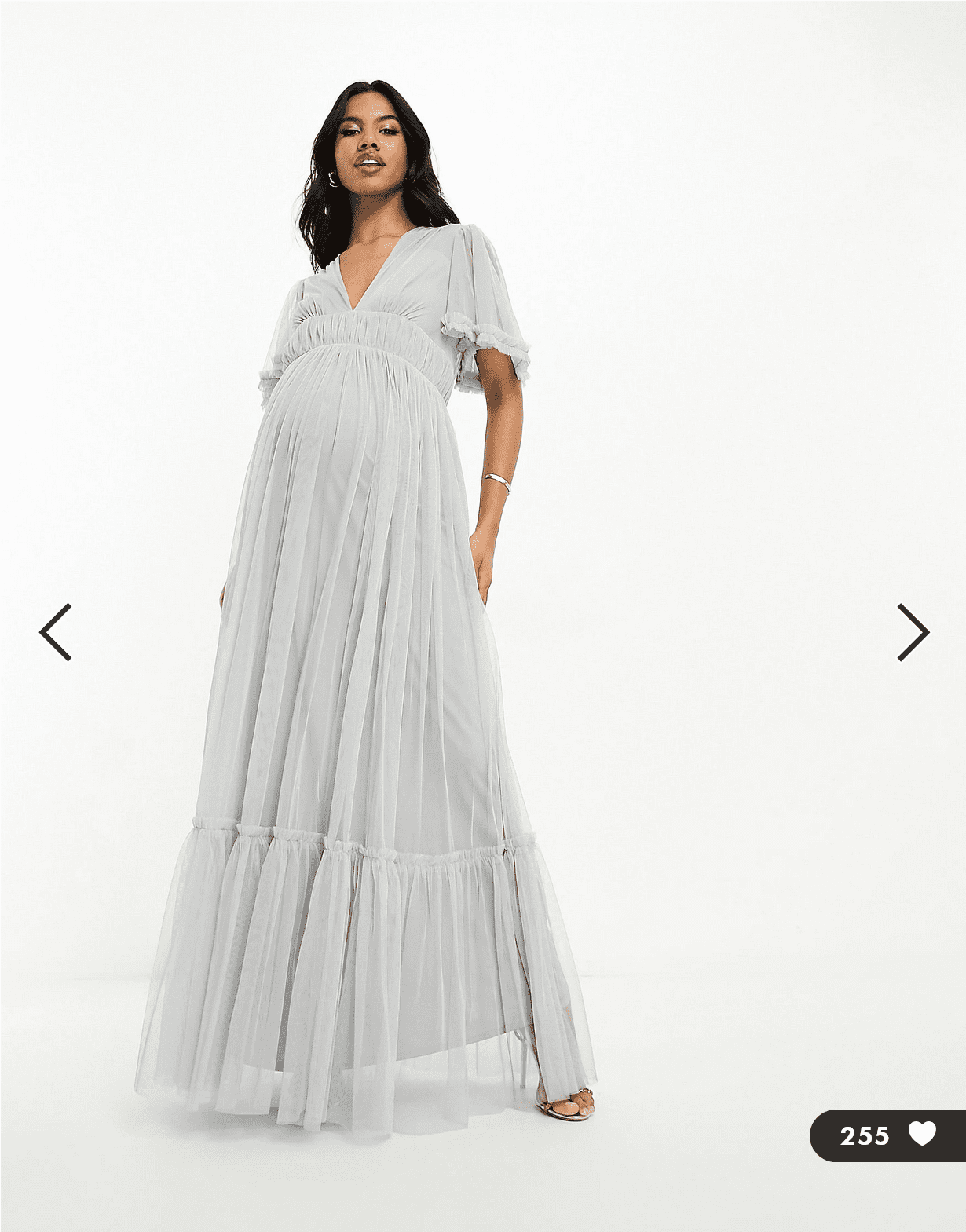 Screenshot 2024 03 25 at 10 07 11 Beauut Maternity Bridesmaid tulle maxi dress with flutter sleeve in light grey ASOS